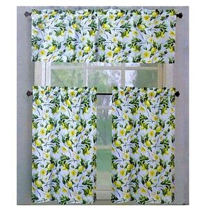 Tribeca Cafe Curtain Set Lemon Print 3 Piece Tier Set Fruit Floral White Yellow